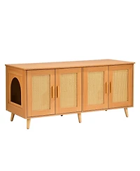 6thdruple Cat Litter Box Enclosure, Natural Wooden Furniture Cabinet with Rattan Doors, Hidden for 2 Cats