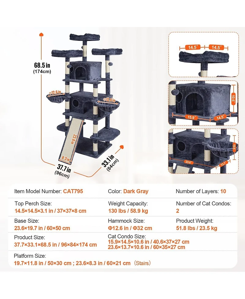 6thdruple Cat Tree for Indoor Cats, Tower with Cat Condos, Top Perches, Hammocks, Scratchers