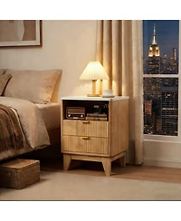 homfan 18 Inch Small Nightstand with Charging Station and Faux Marble Top, 2 Drawers Modern Curved Bedside Table for Bedroom Living Room