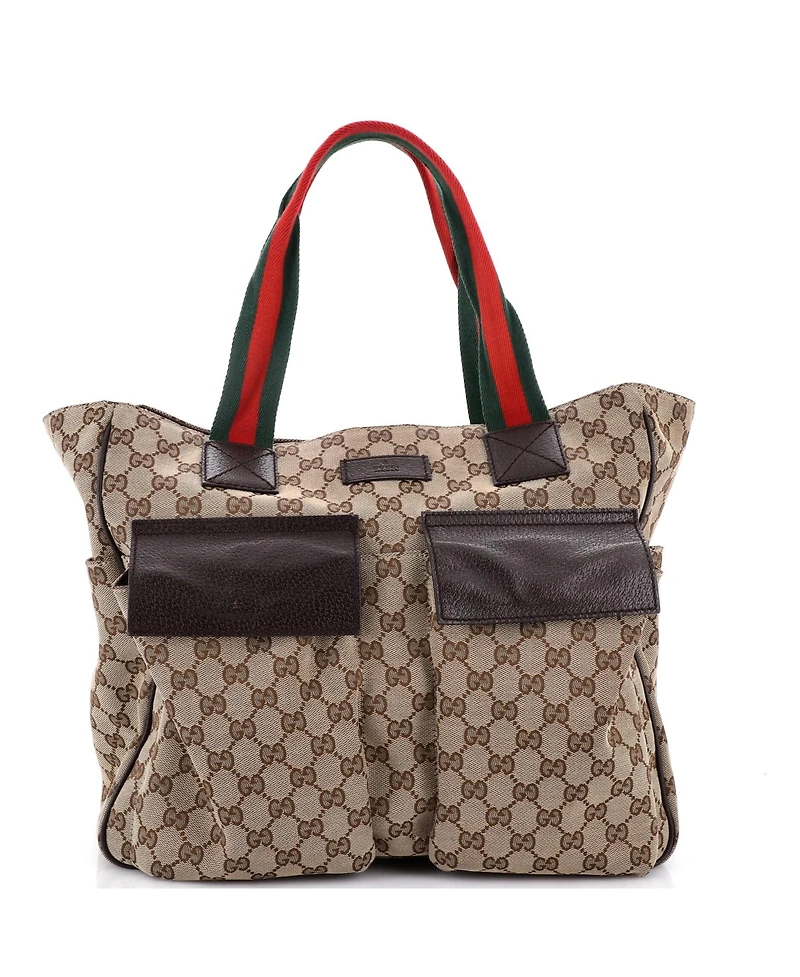 Pre-Owned Gucci Medium Double Pocket Web Handle Tote Gg Canvas