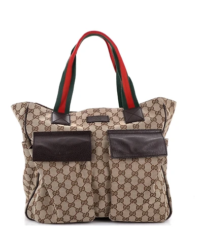 Pre-Owned Gucci Medium Double Pocket Web Handle Tote Gg Canvas
