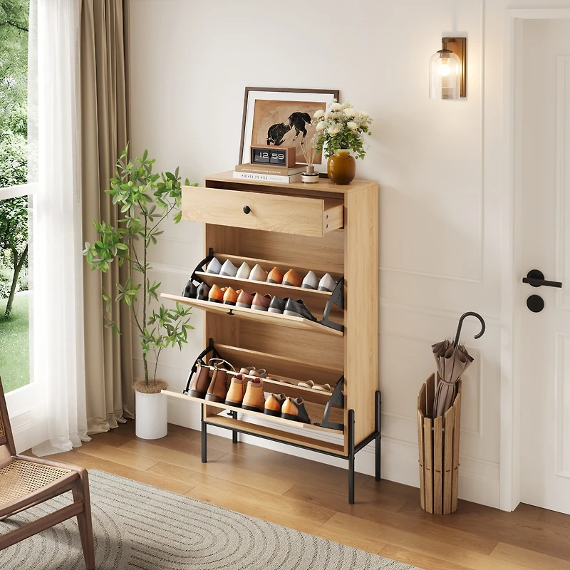 Streamdale Furniture Rattan 2-Door Shoe Cabinet with Drawer and Shelf