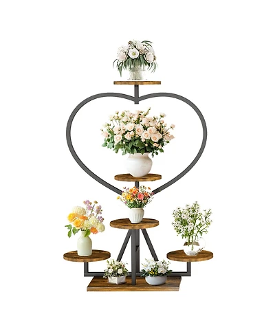 Unho Heart Shaped 8-Pot Plant Stand, Sturdy Metal Wood Indoor Display Rack