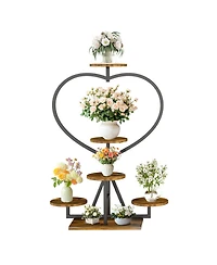 Unho Heart Shaped 8-Pot Plant Stand, Sturdy Metal Wood Indoor Display Rack