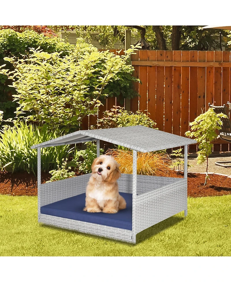 Gymax Wicker Dog House Weather-Resistant Raised Rattan Pet Bed w/ Detachable Cushion