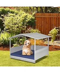 Gymax Wicker Dog House Weather-Resistant Raised Rattan Pet Bed w/ Detachable Cushion