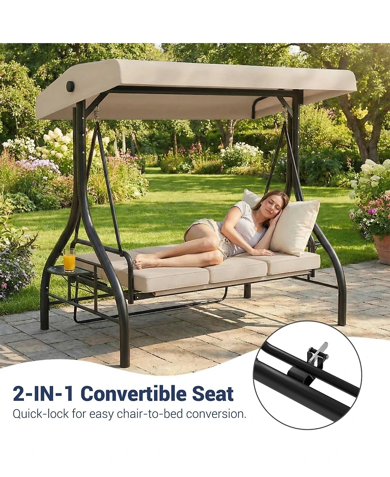 homfan 3-Seat Outdoor Swing with Adjustable Canopy, 2-in-1 Bed, Thick Cushions, Cup Holders and Tray, Weather-Resistant Patio Furniture