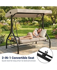 homfan 3-Seat Outdoor Swing with Adjustable Canopy, 2-in-1 Bed, Thick Cushions, Cup Holders and Tray, Weather-Resistant Patio Furniture
