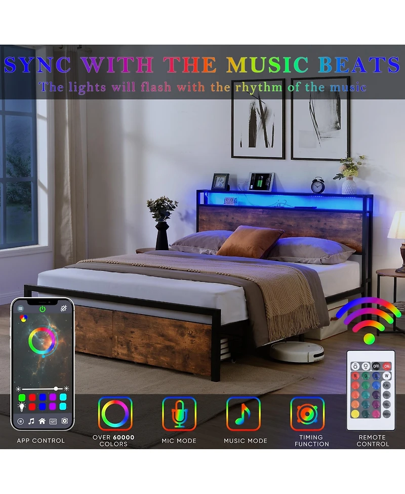 Boyel Living Full Size Industrial Bed Frame with Storage Headboard Led Lights Charging Station and 2 Underbed Drawers