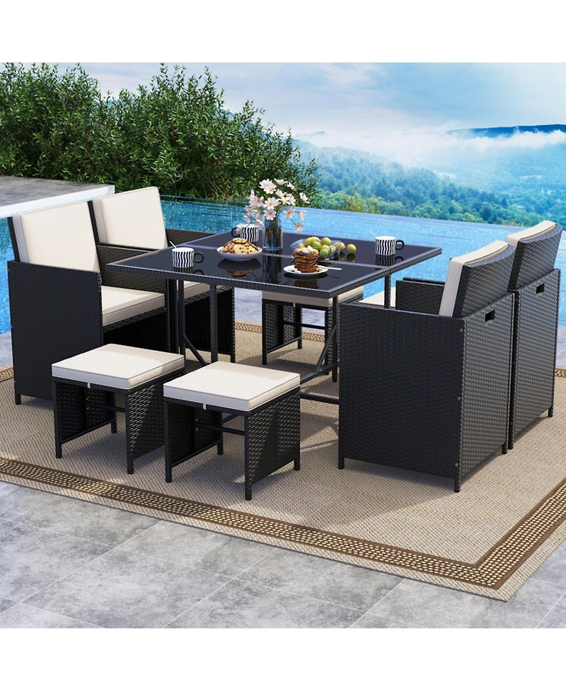 Sugift Patio Dining Set with Tempered Glass Table and Ottoman