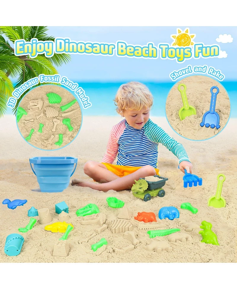 Gnuadz 25-piece Beach Sand Toys Dump Truck Bucket Shovel Rake Dinosaur Molds Mesh Bag