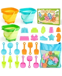 Gnuadz 28-piece Beach Toys Collapsible Sand Buckets Molds Shovels Mesh Bag