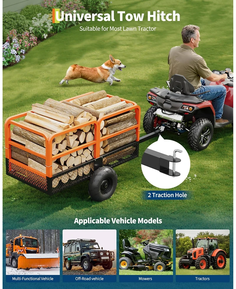 homfan Heavy-Duty Atv Dump Cart w/ 1600 lb Capacity and , Tow-Behind Utility Trailer Foot Pedal Release and All-Terrain Tires