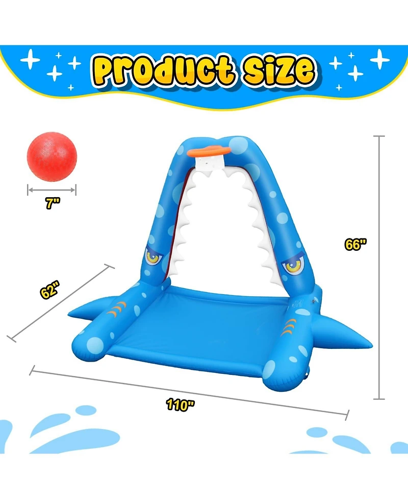 Gnuadz 110" Inflatable Shark Splash Pad With Basketball Hoop Outdoor Water Toy