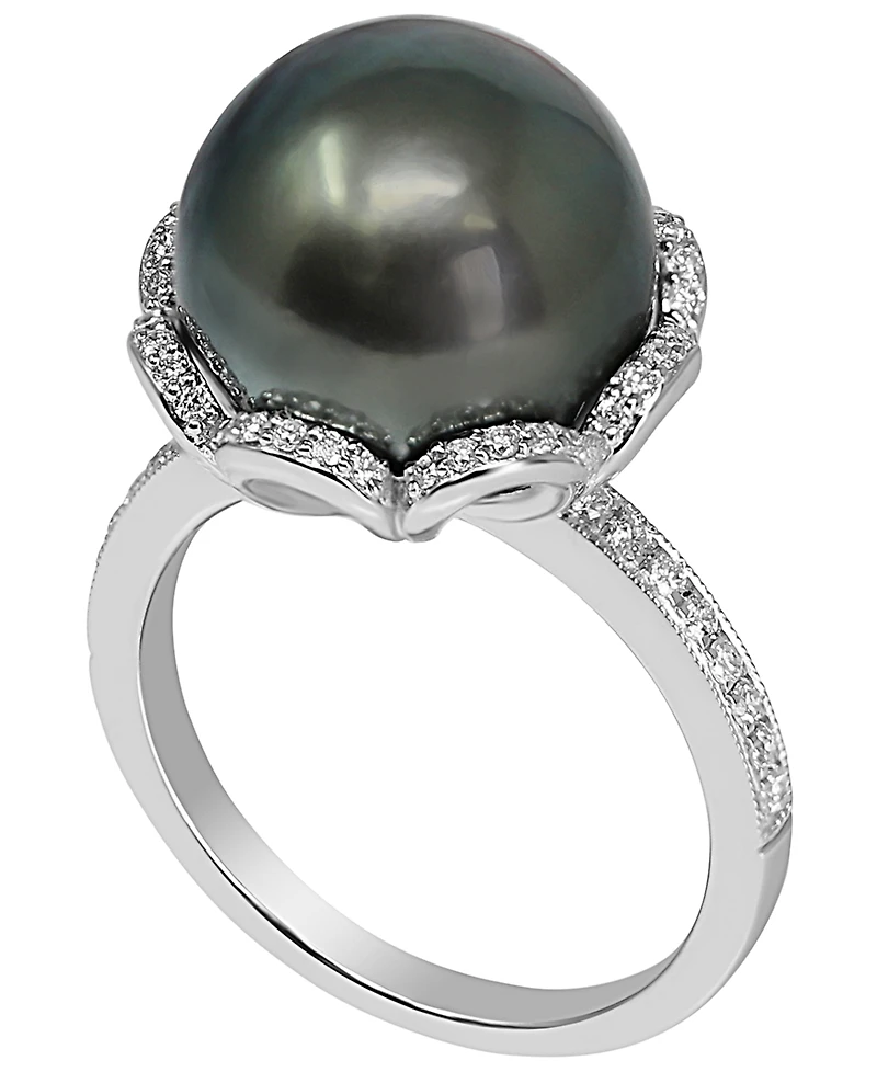 Macy's Cultured Tahitian Pearl (11mm) & Diamond (1/4 ct. t.w.) Ring in 925 Sterling Silver