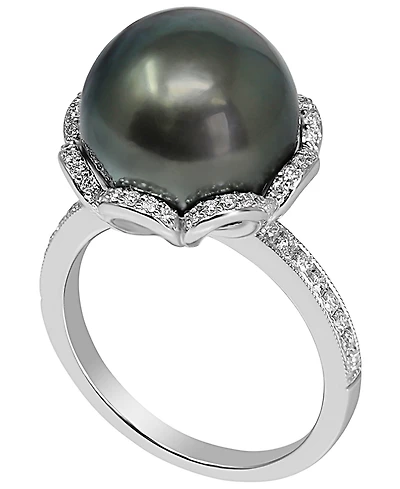 Macy's Cultured Tahitian Pearl (11mm) & Diamond (1/4 ct. t.w.) Ring in 925 Sterling Silver