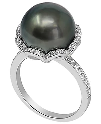Macy's Cultured Tahitian Pearl (11mm) & Diamond (1/4 ct. t.w.) Ring in 925 Sterling Silver