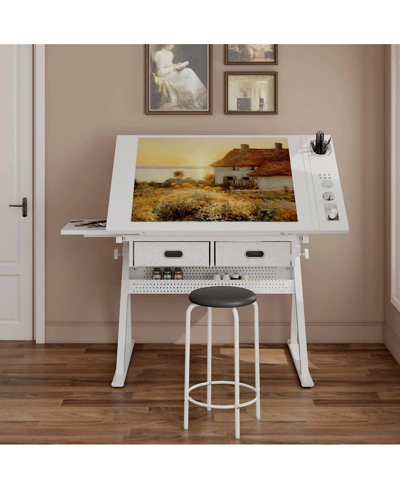 Streamdale Furniture Adjustable Drafting Table Desk with 2 Drawers and Stool