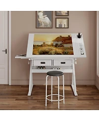 Streamdale Furniture Adjustable Drafting Table Desk with 2 Drawers and Stool
