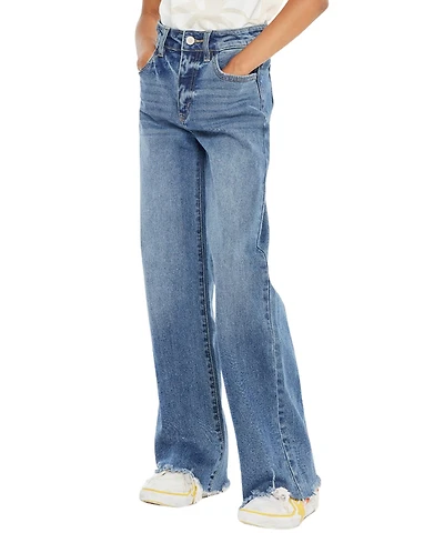 KanCan Girl's Kitty High Rise Slim Wide Leg Hem Detail Jeans