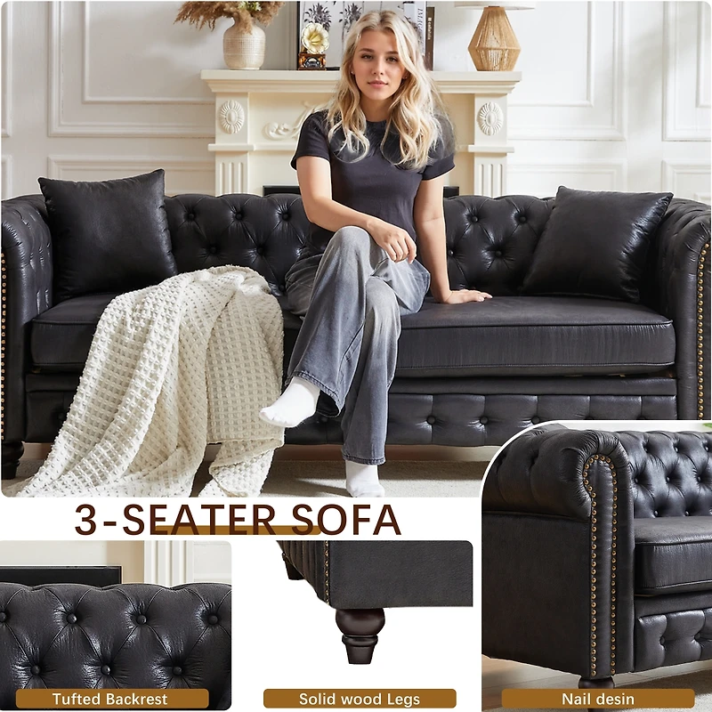 Streamdale Furniture Tech Fabric Chesterfield Sofa, 3-Seater, Rolled Arms, Button Design