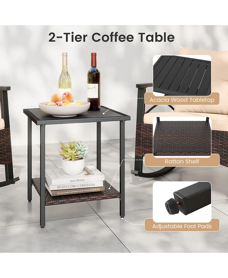 Sugift 3 Piece Rocking Bistro Set Pe Rattan Rocker Chairs with Acacia Wood Top Table