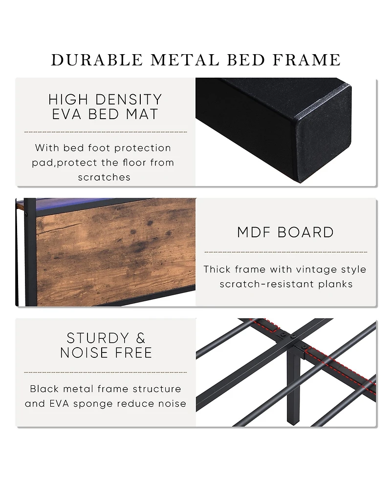Boyel Living Queen Size Industrial Bed Frame with Storage Headboard Led Lights Charging Station and 2 Underbed Drawers