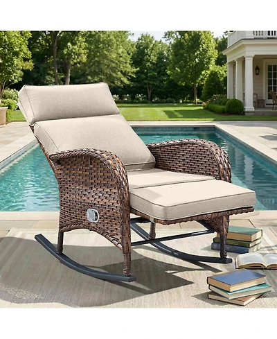 Pocassy Outdoor Wicker Rocking Recliner with Adjustable Backrest and Footrest