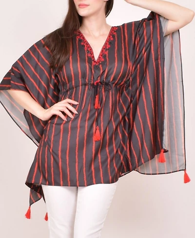 Raas Women's Stripe Floral Embroidered Boho Kaftan Top