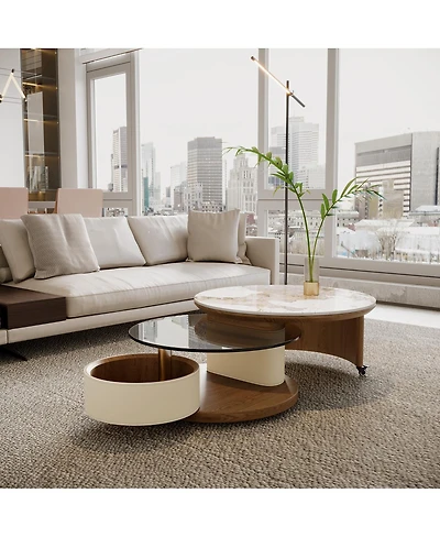 Streamdale Furniture Round Coffee Table Set with Storage, Rotating Wheels, Wooden Base