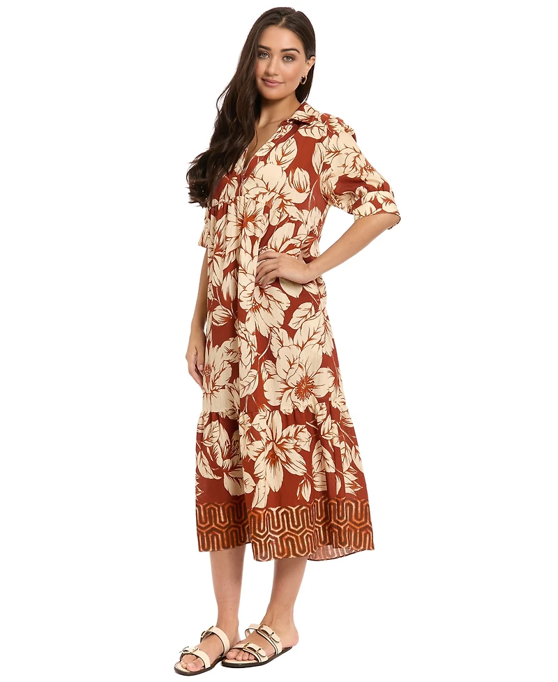 London Times Women's Elbow-Sleeve Tiered Midi Dress