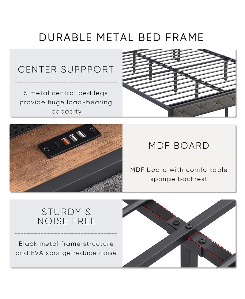 Boyel Living Full Size Upholstered Platform Bed with Led Headboard Charging Station and Noise Free Metal Slats