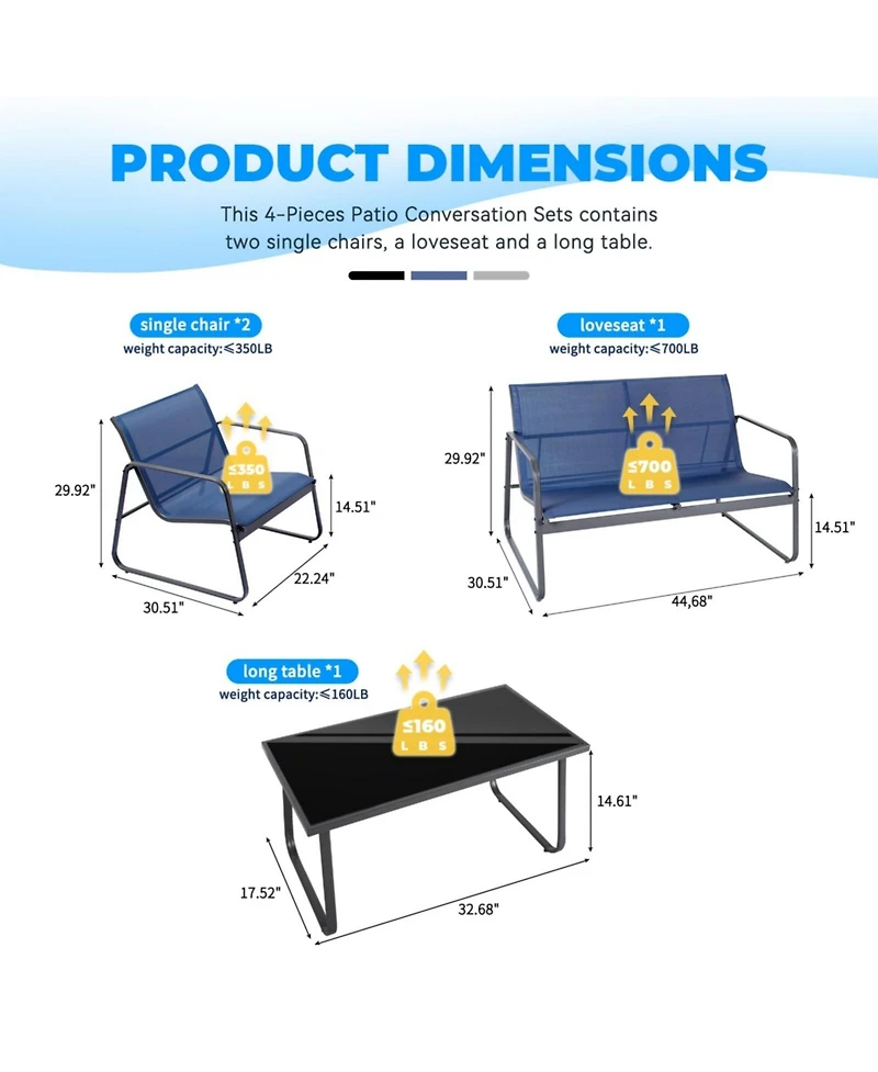 Yiortwo Patio Furniture Set Steel Textilene Sofa Set with Glass Table