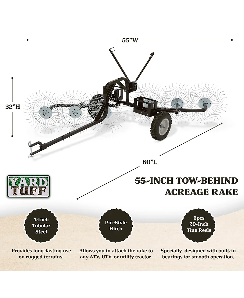 Yard Tuff Acr-600T 55 Inch Steel Tow Behind Acreage Rake with Pin Style Hitch