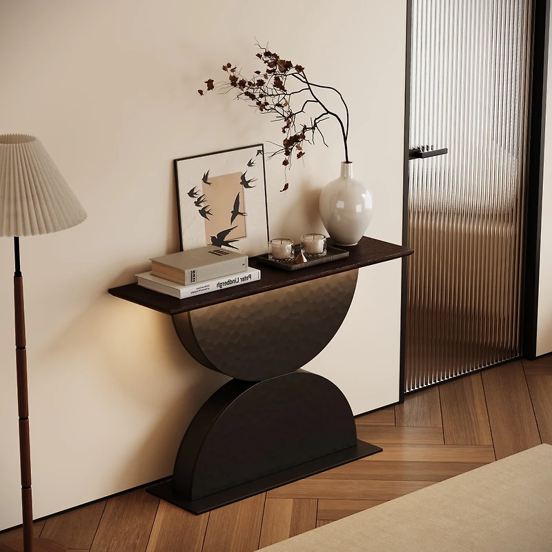 Streamdale Furniture 47" Double Semi-Circles Hammered Wood Console Table with Led Light