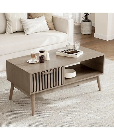 homfan 39.4 Inch Mid Century Modern Coffee Table with Storage Drawer and Open Shelf, Fluted Rectangular Table, Wooden Legs, Space-Saving Living Room