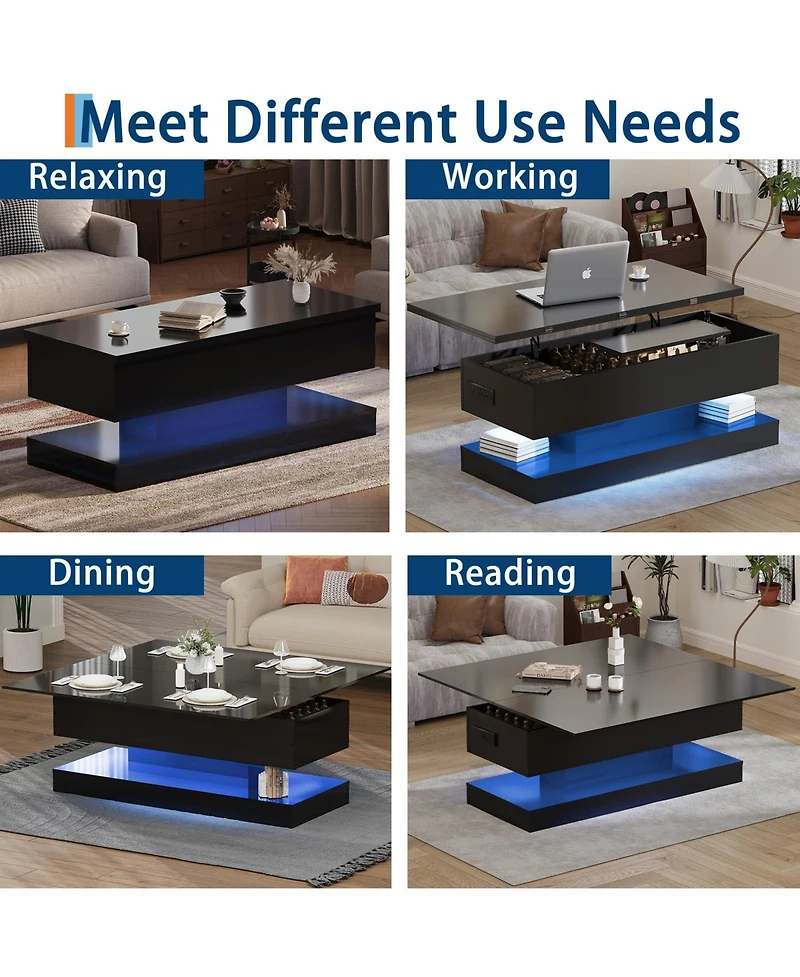 homfan 47.2 Inch Large Lift Top Coffee Table Modern High Glossy Led Storage with App Control for Living Room Dining Home Office