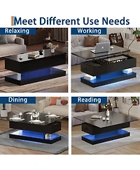 homfan 47.2 Inch Large Lift Top Coffee Table Modern High Glossy Led Storage with App Control for Living Room Dining Home Office