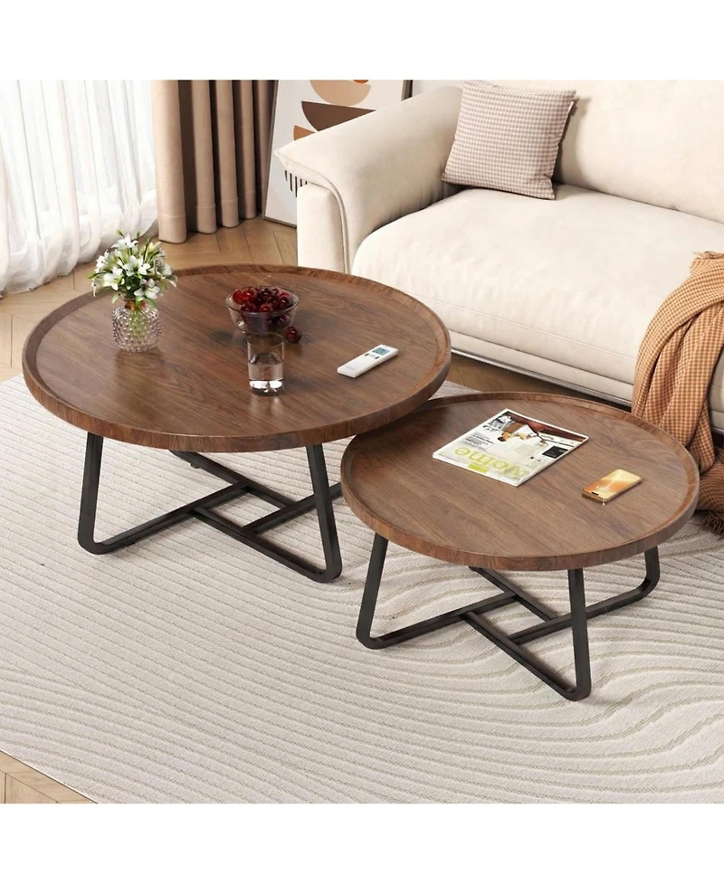homfan Mid Century Modern Round Nesting Coffee Table Set, 2-Piece Fluted Wood Tables, Sturdy Metal Frame, Easy Assembly, for Living Room, Bedroom