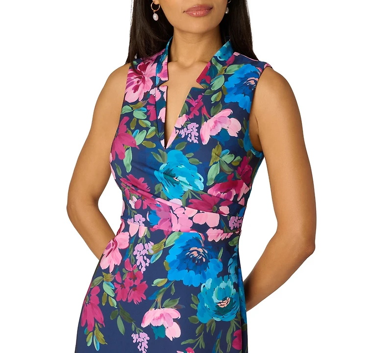 Adrianna Papell Petite Border Floral V-Neck Midi Dress