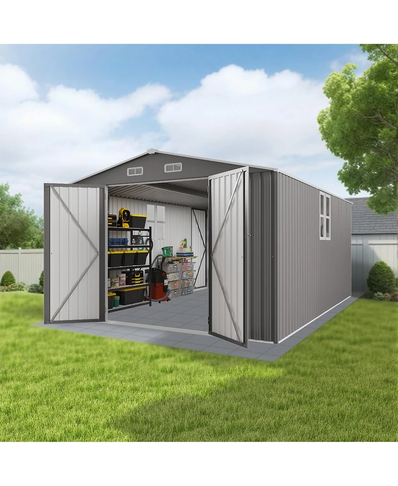 Mondawe Outdoor Metal Storage Shed With 3 Lockable Doors And Window, Large Garden Tool Shed