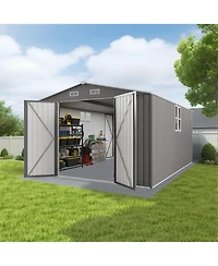 Mondawe Outdoor Metal Storage Shed With 3 Lockable Doors And Window, Large Garden Tool Shed