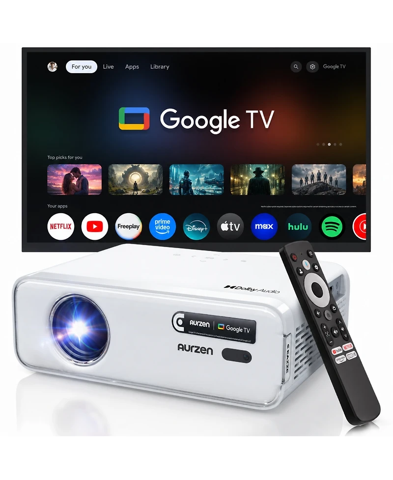 Aurzen Mini Smart Projector with NetfIix Included, Auto Focus and Keystone, 16W DoIby Audio, for Home Theater and Outdoor Use