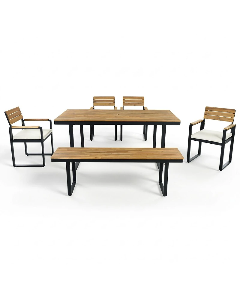Streamdale Furniture 6-Piece Acacia Wood Outdoor Dining Set with Cushions, Table, Chairs and Bench