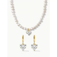 Joey Baby 2-Piece Freshwater Pearl Necklace & Heart Crystal Drop Earrings Set