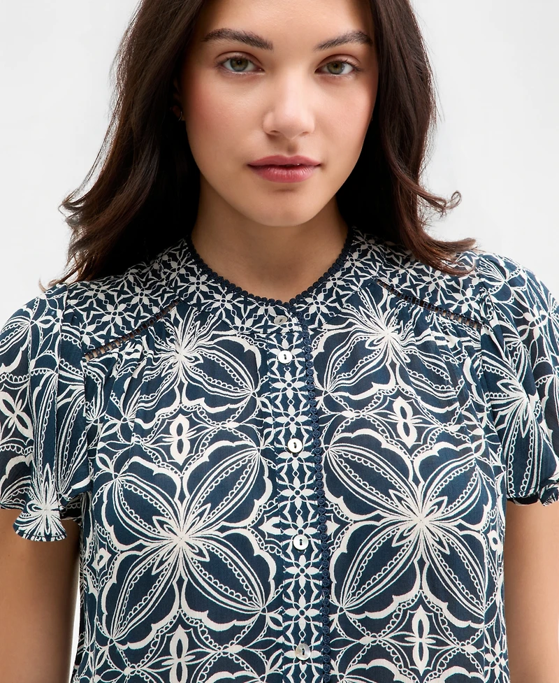 Liverpool Los Angeles Women's Mixed-Print Button-Front Flutter-Sleeve Top