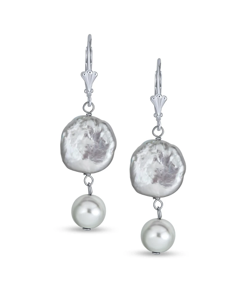 Bling Jewelry Cultured Coin Biwa Pearl Leverback Dangle Earrings .925 Sterling Silver