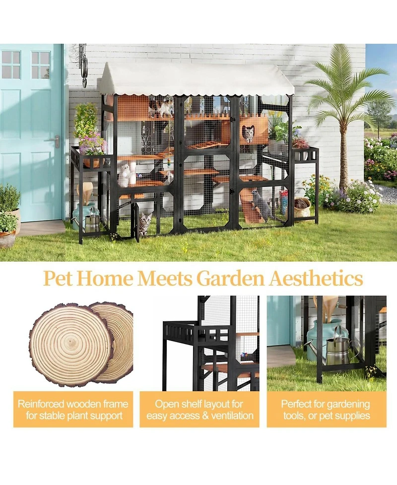 6thdruple Outdoor Cat Enclosure, Multi-Level Wood Catio with Plant Stands, Roof for Backyard Patio