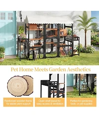 6thdruple Outdoor Cat Enclosure, Multi-Level Wood Catio with Plant Stands, Roof for Backyard Patio