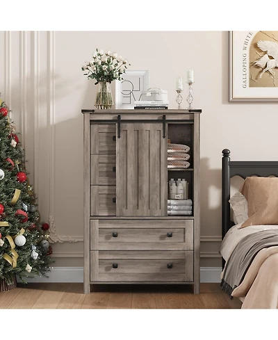 gaomon 5 Drawer Dresser, Farmhouse Wooden Chest of Drawers with Sliding Barn Door, Adjustable Shelf, Tall Antique Dresser, Storge Cabinet